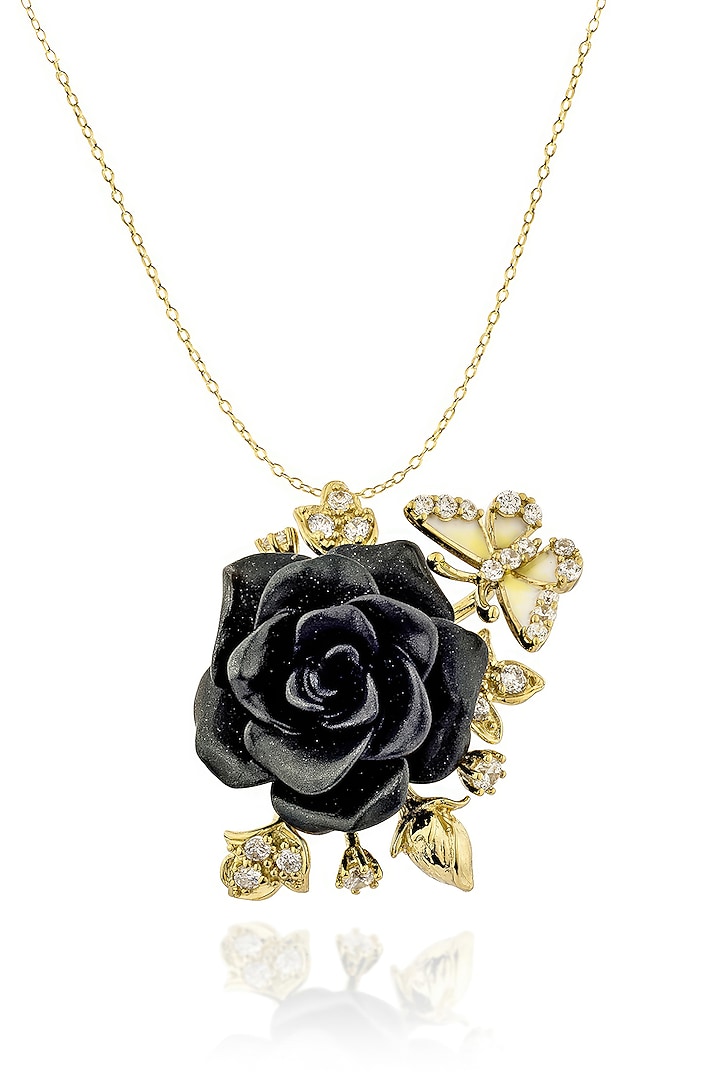 Gold Finish Cubic Zirconia Crystal & Black Stone Floral Pendant Chain Necklace In Sterling Silver by MISS JO at Pernia's Pop Up Shop