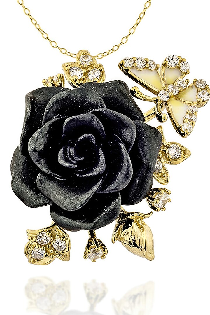 Gold Finish Cubic Zirconia Crystal & Black Stone Floral Pendant Chain Necklace In Sterling Silver by MISS JO at Pernia's Pop Up Shop