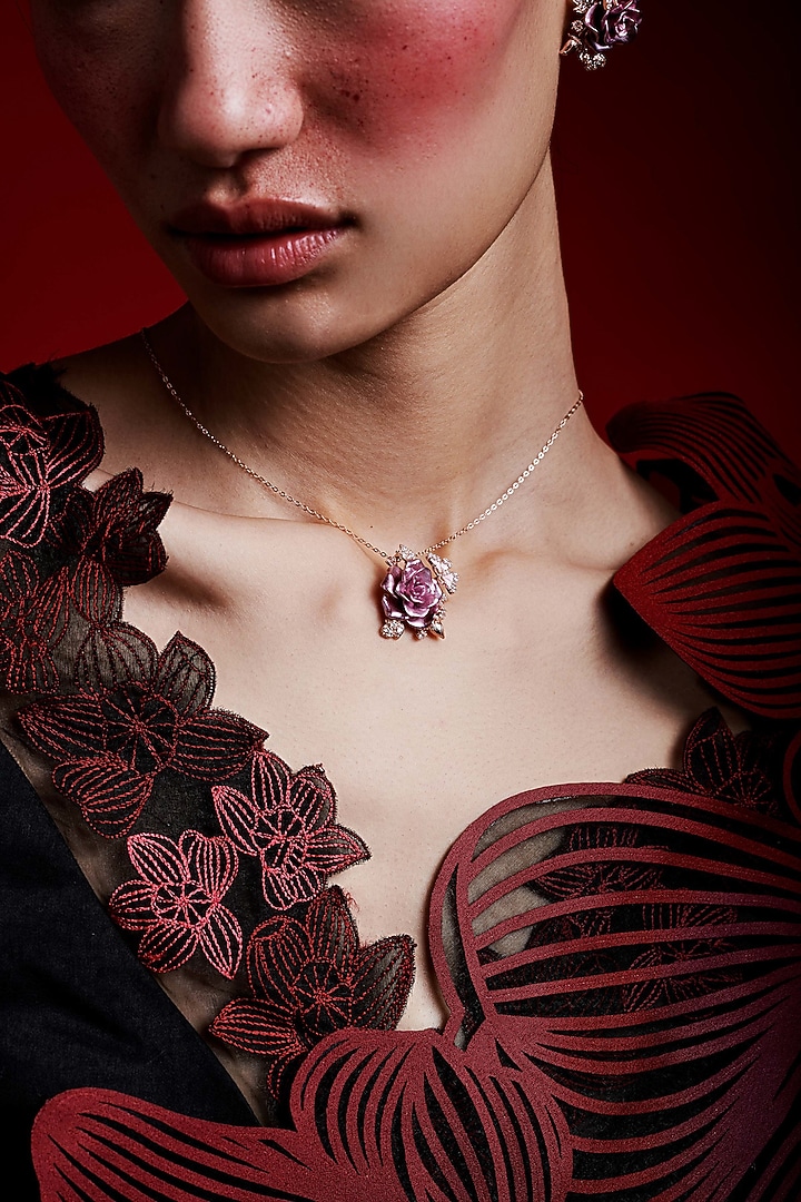 Rose Gold Finish Cubic Zirconia Crystal & Pink Stone Floral Pendant Chain Necklace In Sterling Silver by MISS JO at Pernia's Pop Up Shop