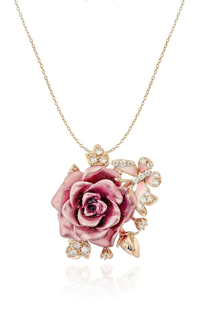 Rose Gold Finish Cubic Zirconia Crystal & Pink Stone Floral Pendant Chain Necklace In Sterling Silver by MISS JO at Pernia's Pop Up Shop