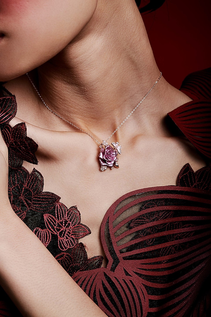 Rose Gold Finish Cubic Zirconia Crystal & Pink Stone Floral Pendant Chain Necklace In Sterling Silver by MISS JO at Pernia's Pop Up Shop