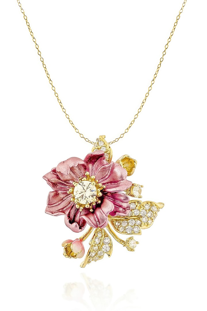 Gold Finish Cubic Zirconia Crystal & Canary Stone Floral Pendant Chain Necklace In Sterling Silver by MISS JO at Pernia's Pop Up Shop