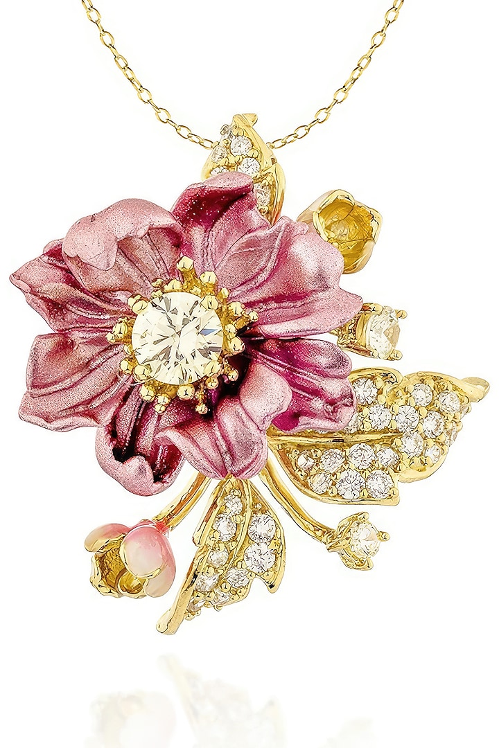 Gold Finish Cubic Zirconia Crystal & Canary Stone Floral Pendant Chain Necklace In Sterling Silver by MISS JO at Pernia's Pop Up Shop