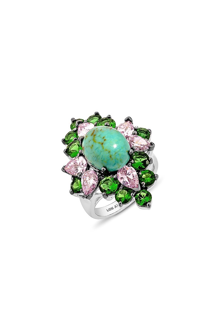 White Rhodium Finish Cubic Zirconia Crystal & Turquoise Stone Floral Ring In Sterling Silver by MISS JO at Pernia's Pop Up Shop