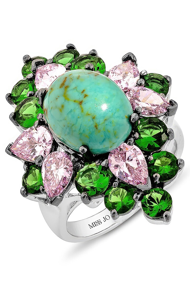 White Rhodium Finish Cubic Zirconia Crystal & Turquoise Stone Floral Ring In Sterling Silver by MISS JO at Pernia's Pop Up Shop