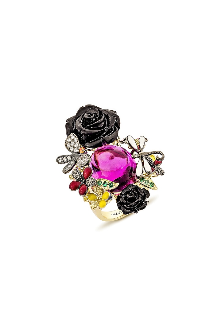 Gold Finish Cubic Zirconia Crystal & Pink Stone Floral Ring In Sterling Silver by MISS JO at Pernia's Pop Up Shop