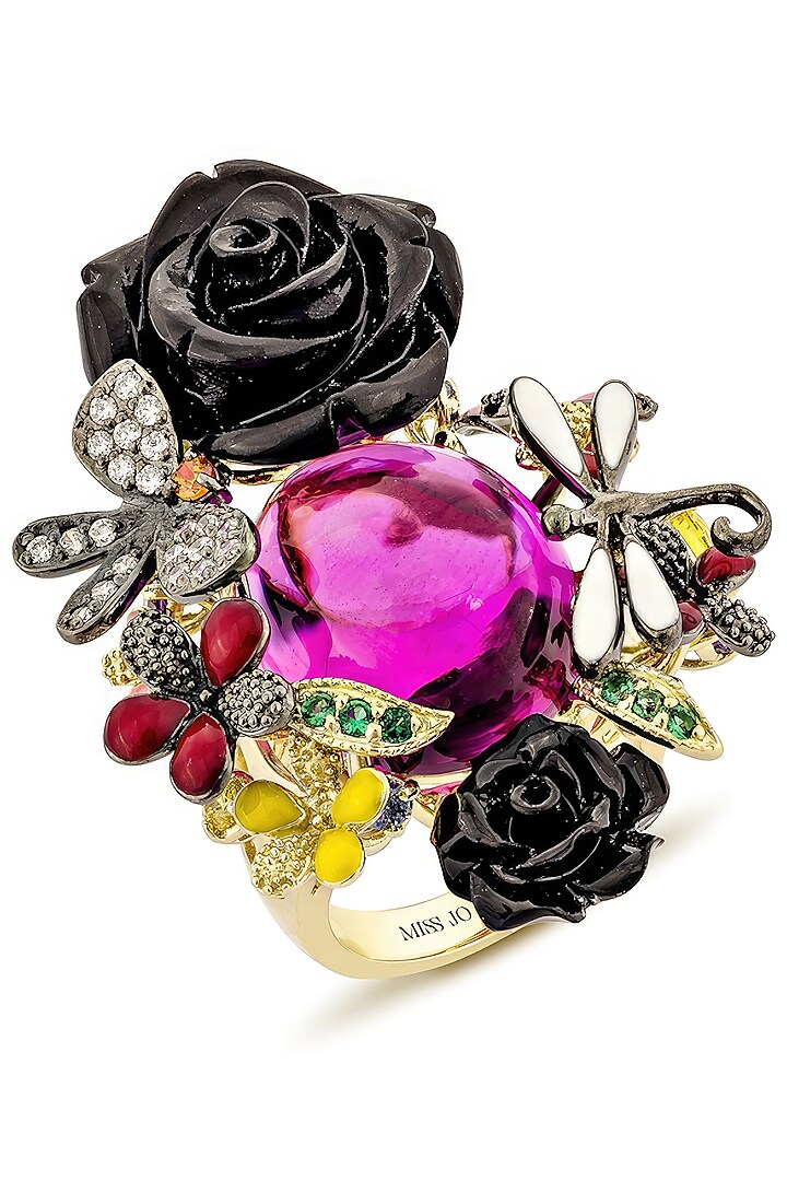 Gold Finish Cubic Zirconia Crystal & Pink Stone Floral Ring In Sterling Silver by MISS JO at Pernia's Pop Up Shop