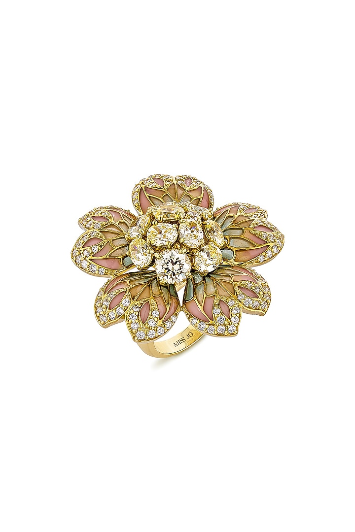 Gold Finish Cubic Zirconia Crystal & Canary Stone Floral Ring In Sterling Silver by MISS JO at Pernia's Pop Up Shop