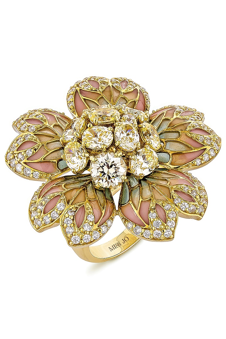 Gold Finish Cubic Zirconia Crystal & Canary Stone Floral Ring In Sterling Silver by MISS JO at Pernia's Pop Up Shop