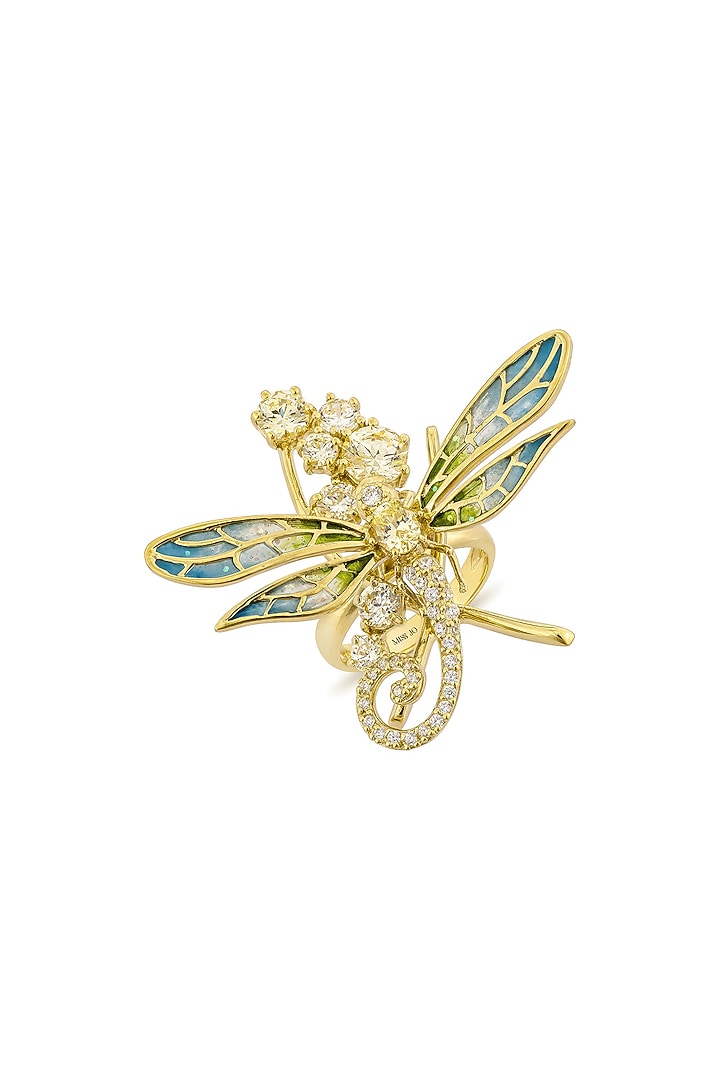 Gold Finish Cubic Zirconia Crystal & Canary Stone Dragonfly Wing Ring In Sterling Silver by MISS JO at Pernia's Pop Up Shop