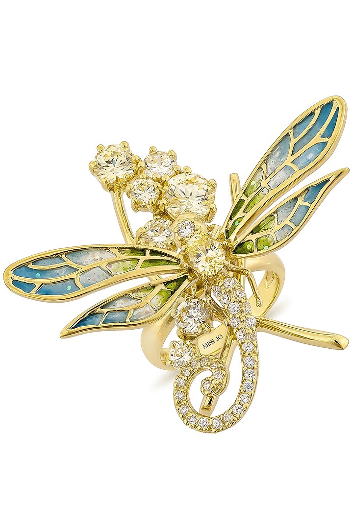 Gold Finish Cubic Zirconia Crystal & Canary Stone Dragonfly Wing Ring In Sterling Silver by MISS JO at Pernia's Pop Up Shop