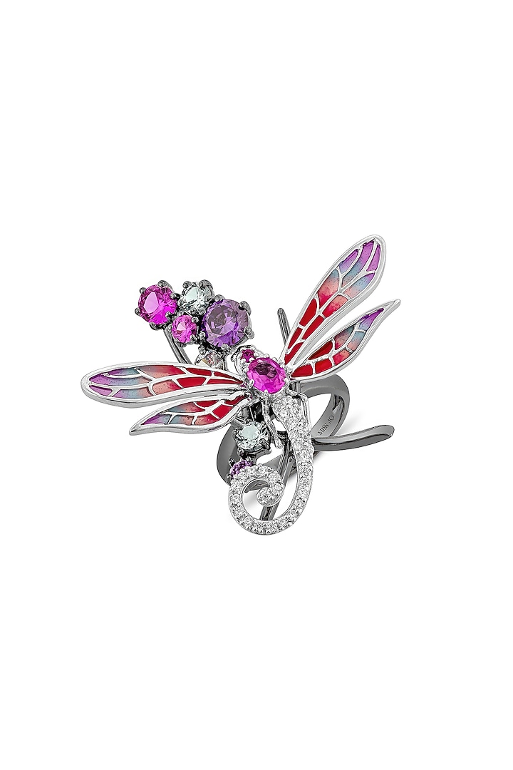 White Rhodium Finish Cubic Zirconia Crystal & Pink Stone Dragonfly Wing Ring In Sterling Silver by MISS JO at Pernia's Pop Up Shop