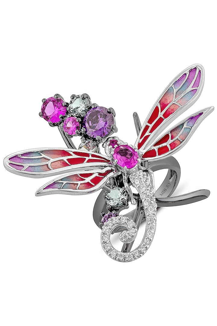 White Rhodium Finish Cubic Zirconia Crystal & Pink Stone Dragonfly Wing Ring In Sterling Silver by MISS JO at Pernia's Pop Up Shop