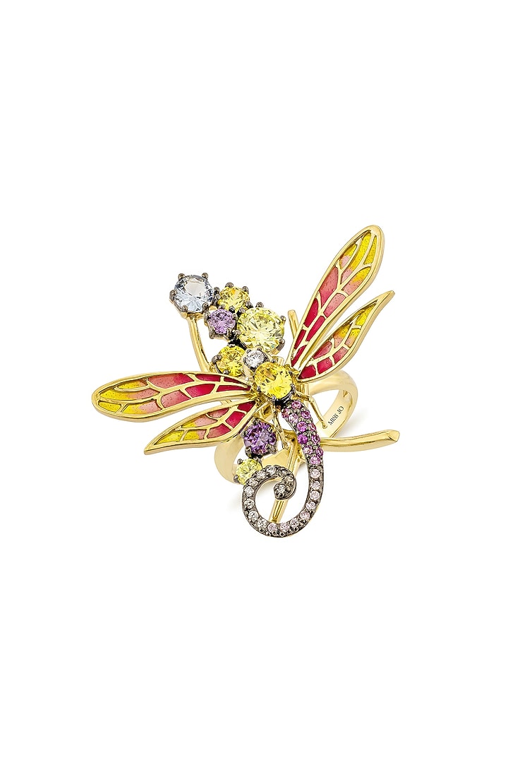 Gold Finish Cubic Zirconia Crystal & Yellow Stone Dragonfly Wing Ring In Sterling Silver by MISS JO at Pernia's Pop Up Shop