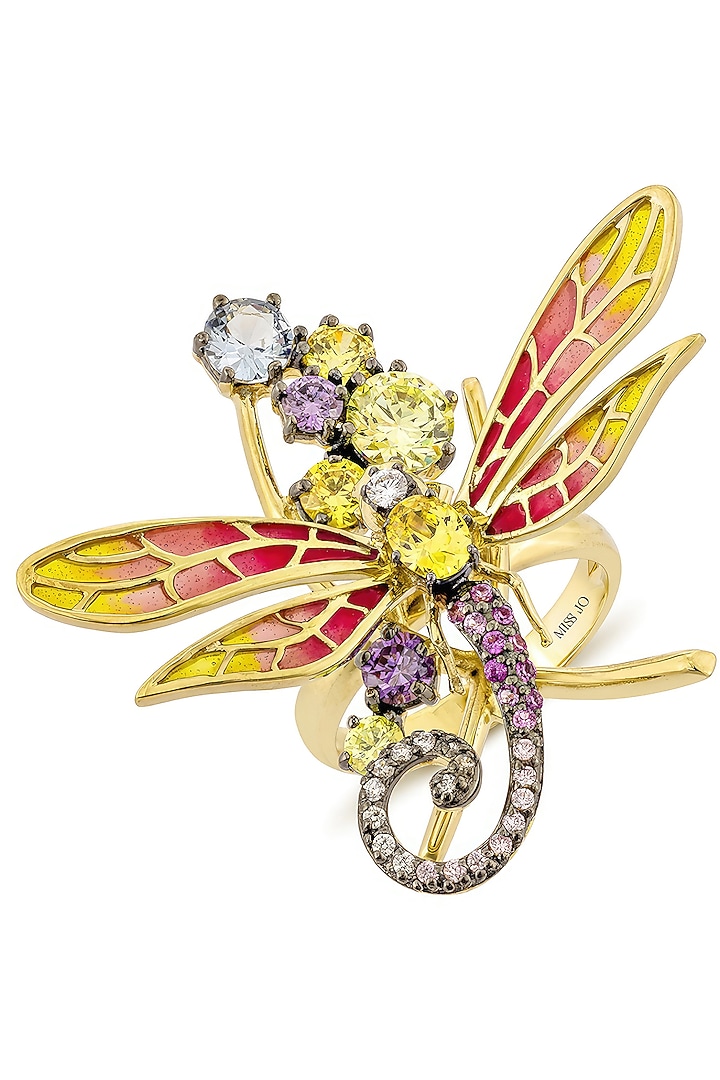 Gold Finish Cubic Zirconia Crystal & Yellow Stone Dragonfly Wing Ring In Sterling Silver by MISS JO at Pernia's Pop Up Shop