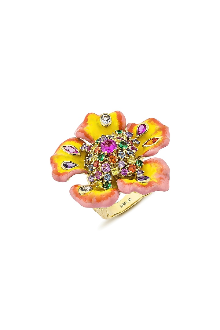 Gold Finish Cubic Zirconia Crystal Enameled Floral Ring In Sterling Silver by MISS JO at Pernia's Pop Up Shop