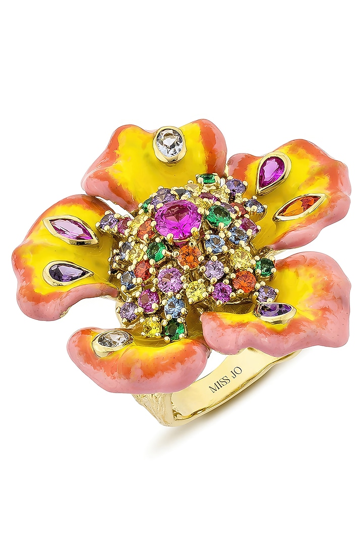 Gold Finish Cubic Zirconia Crystal Enameled Floral Ring In Sterling Silver by MISS JO at Pernia's Pop Up Shop