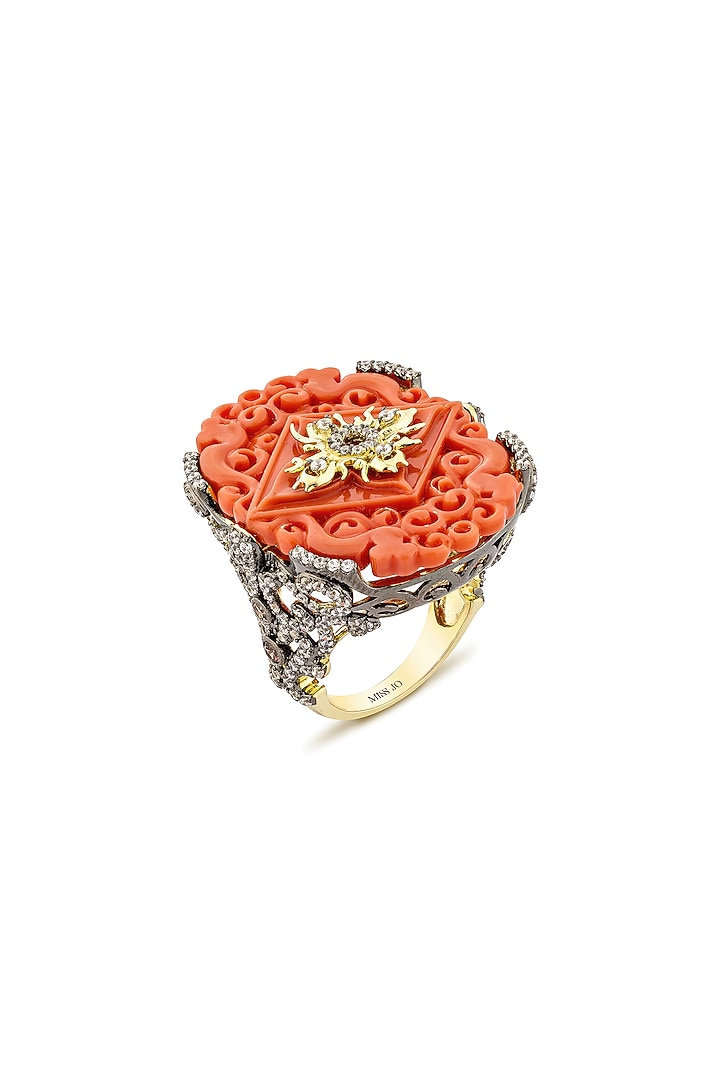 Gold Finish Cubic Zirconia Crystal & Coral Stone Ring In Sterling Silver by MISS JO at Pernia's Pop Up Shop