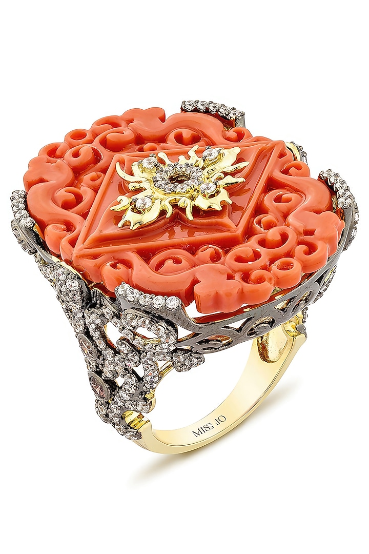 Gold Finish Cubic Zirconia Crystal & Coral Stone Ring In Sterling Silver by MISS JO at Pernia's Pop Up Shop