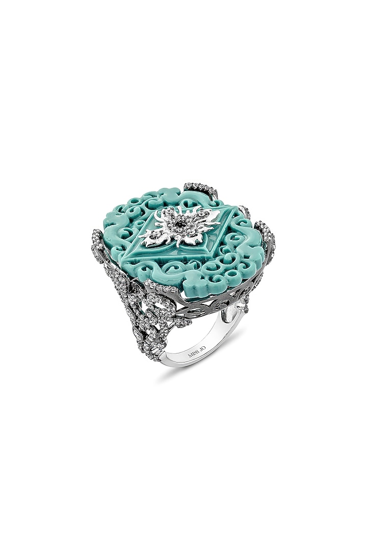 Gold Finish Cubic Zirconia Crystal & Turquoise Stone Ring In Sterling Silver by MISS JO at Pernia's Pop Up Shop