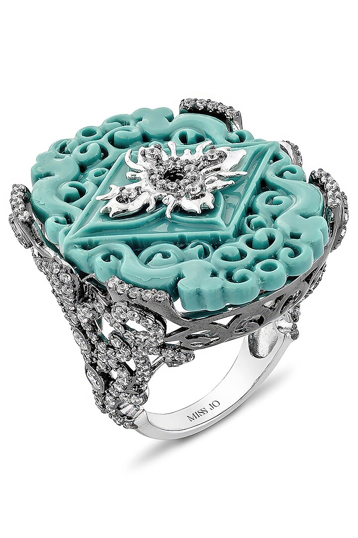 Gold Finish Cubic Zirconia Crystal & Turquoise Stone Ring In Sterling Silver by MISS JO at Pernia's Pop Up Shop