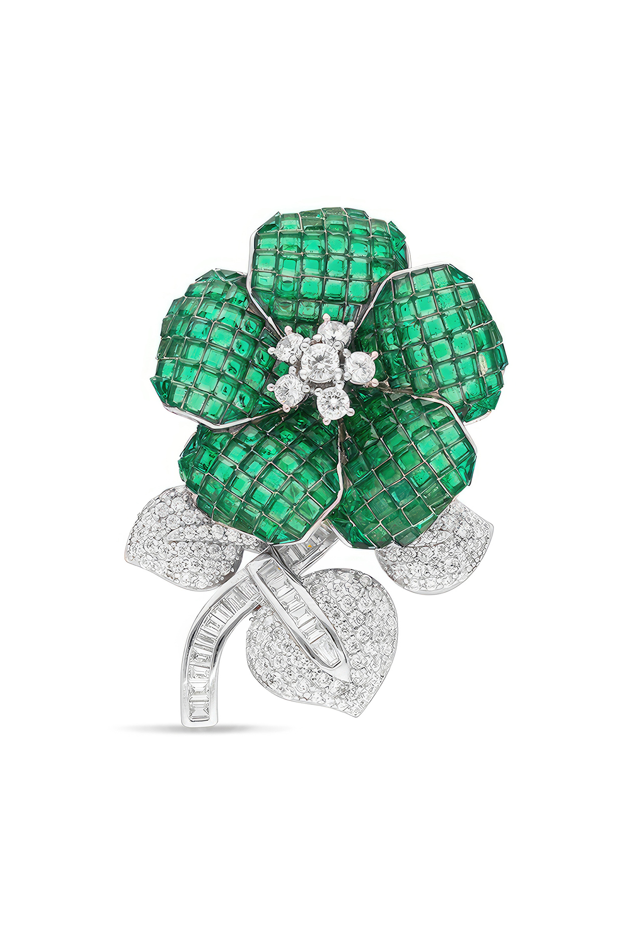 White Rhodium Finish Emerald Spinel Stone Floral Brooch In Sterling Silver by MISS JO at Pernia's Pop Up Shop