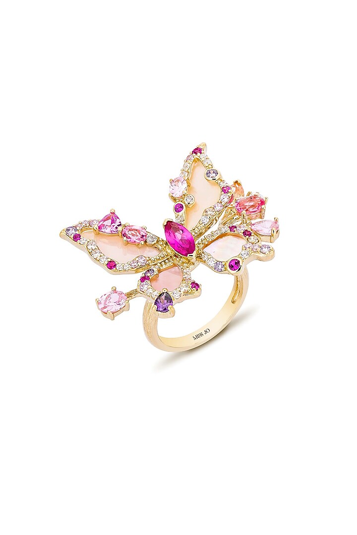 Gold Finish Cubic Zirconia & Pink Mother Of Pearl Butterfly Ring In Sterling Silver by MISS JO at Pernia's Pop Up Shop