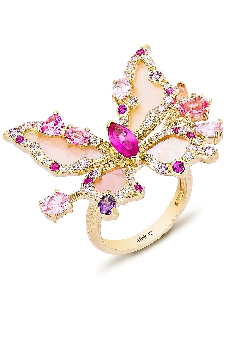 Gold Finish Cubic Zirconia & Pink Mother Of Pearl Butterfly Ring In Sterling Silver by MISS JO at Pernia's Pop Up Shop