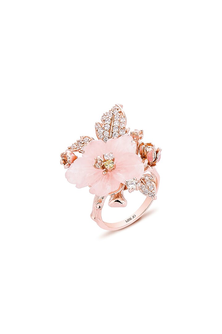 Rose Gold Finish Cubic Zirconia & Rose Quartz Stone Floral Ring In Sterling Silver by MISS JO at Pernia's Pop Up Shop