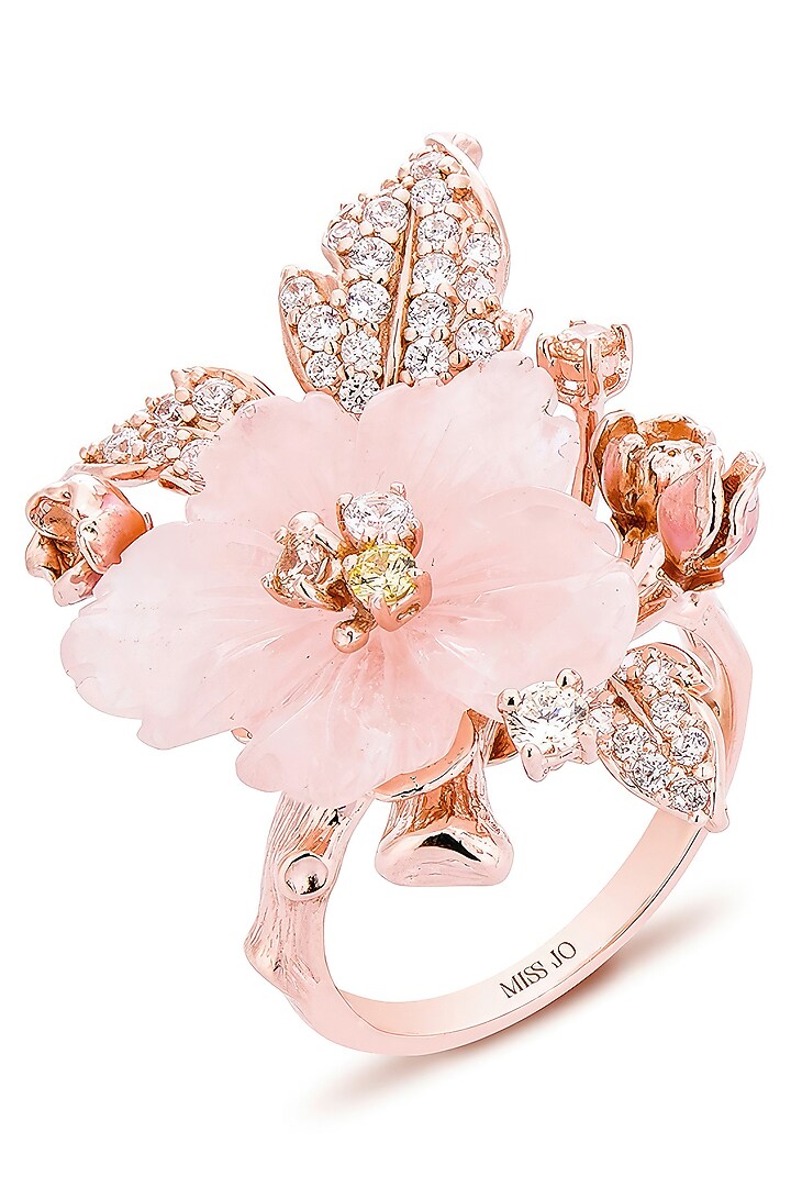 Rose Gold Finish Cubic Zirconia & Rose Quartz Stone Floral Ring In Sterling Silver by MISS JO at Pernia's Pop Up Shop