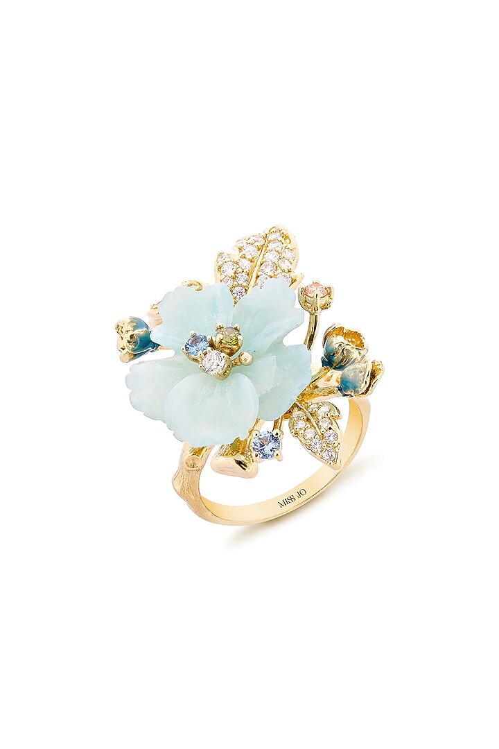 Gold Finish Cubic Zirconia & Blue Quartz Stone Floral Ring In Sterling Silver by MISS JO at Pernia's Pop Up Shop