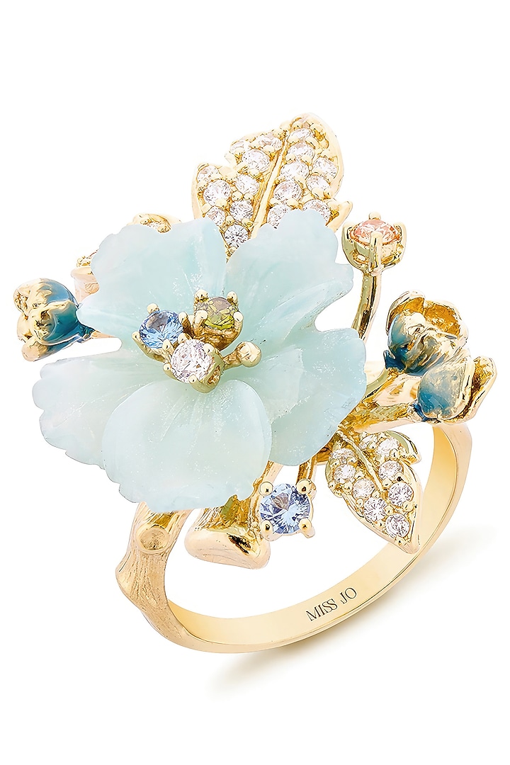 Gold Finish Cubic Zirconia & Blue Quartz Stone Floral Ring In Sterling Silver by MISS JO at Pernia's Pop Up Shop