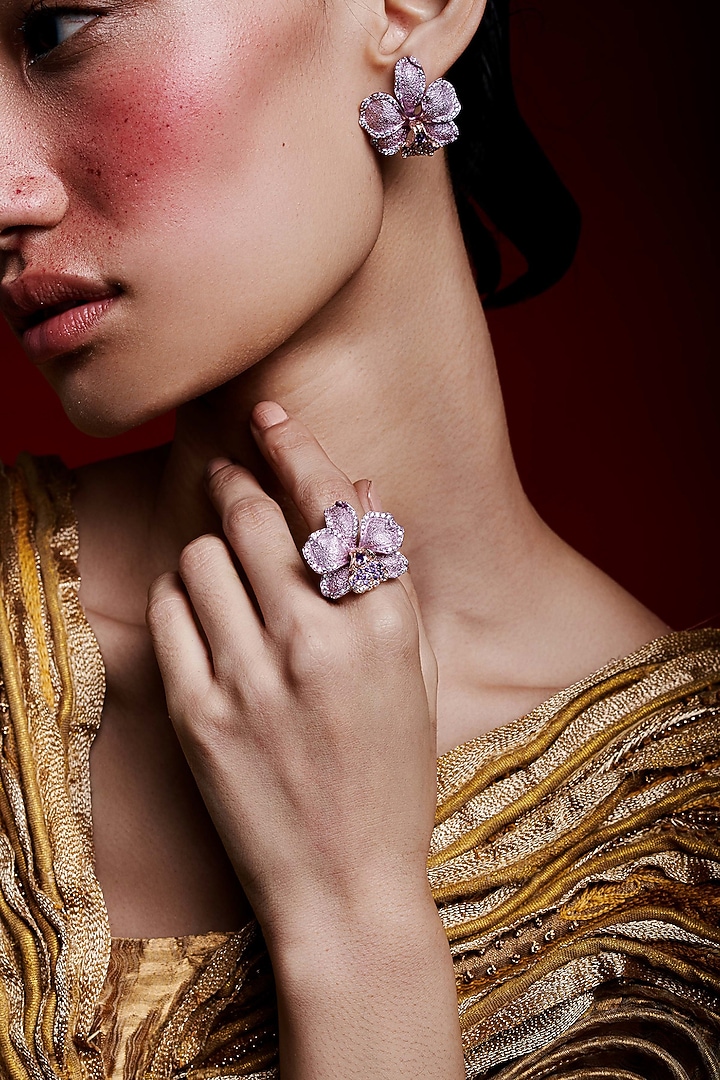 Rose Gold Finish Cubic Zirconia & Blush Pink Stone Floral Ring In Sterling Silver by MISS JO at Pernia's Pop Up Shop