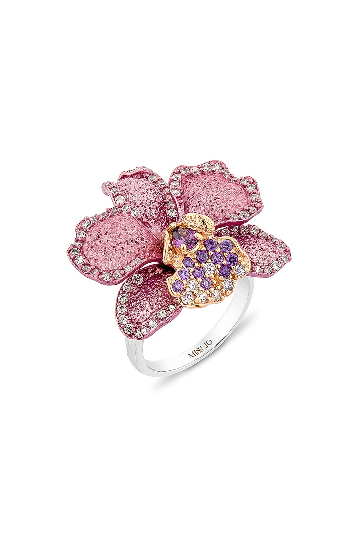 Rose Gold Finish Cubic Zirconia & Blush Pink Stone Floral Ring In Sterling Silver by MISS JO at Pernia's Pop Up Shop