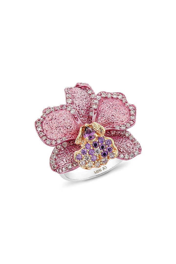 Rose Gold Finish Cubic Zirconia & Blush Pink Stone Floral Ring In Sterling Silver by MISS JO at Pernia's Pop Up Shop