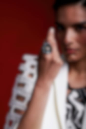 Gold Finish Cubic Zirconia & Black Stone Floral Ring In Sterling Silver by MISS JO at Pernia's Pop Up Shop