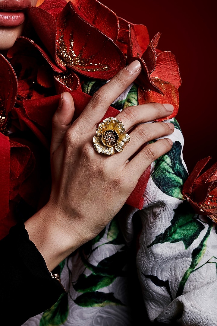 Gold Finish Cubic Zirconia & Champagne Stone Floral Ring In Sterling Silver by MISS JO at Pernia's Pop Up Shop