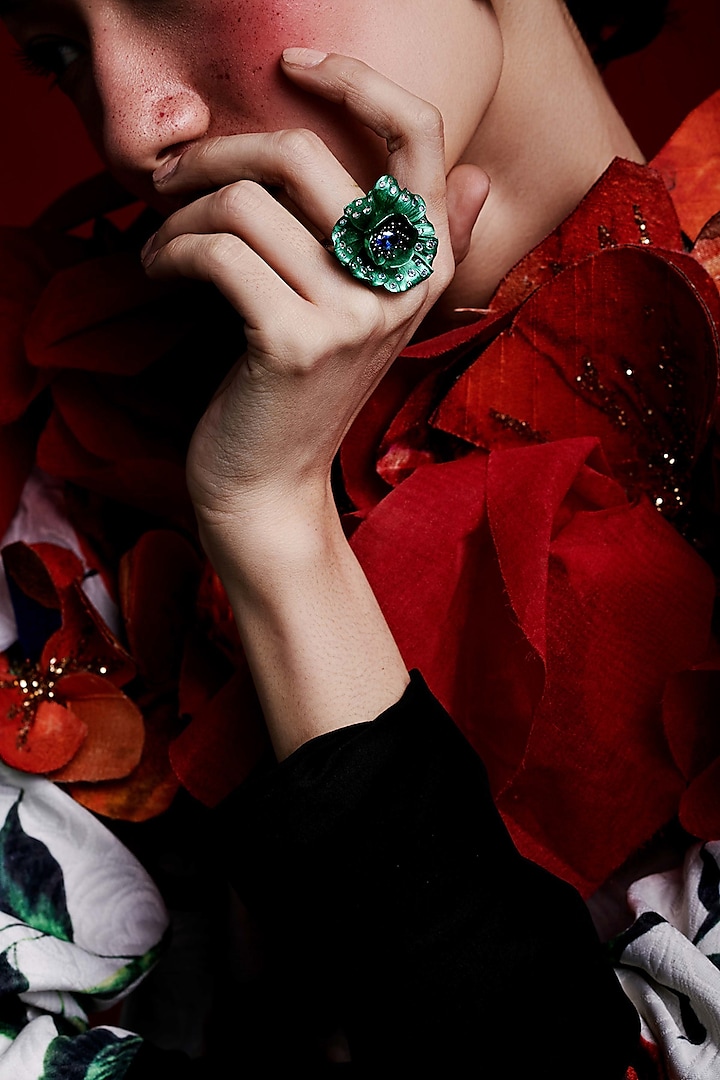 White Rhodium Finish Cubic Zirconia & Green Tanzanite Stone Floral Ring In Sterling Silver by MISS JO at Pernia's Pop Up Shop