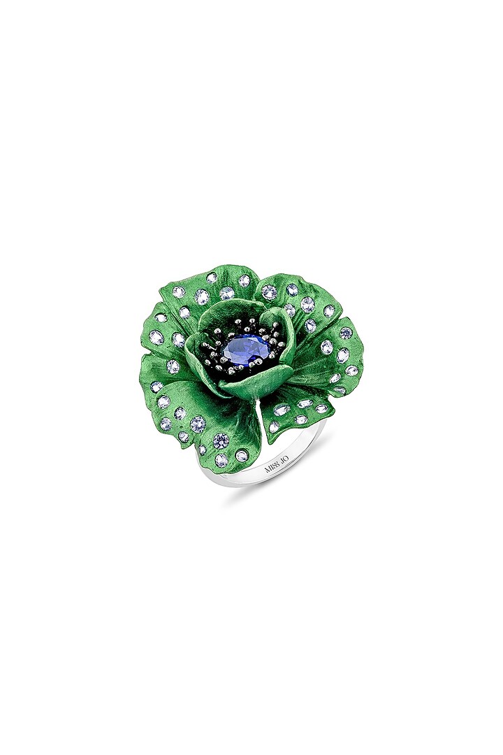 White Rhodium Finish Cubic Zirconia & Green Tanzanite Stone Floral Ring In Sterling Silver by MISS JO at Pernia's Pop Up Shop