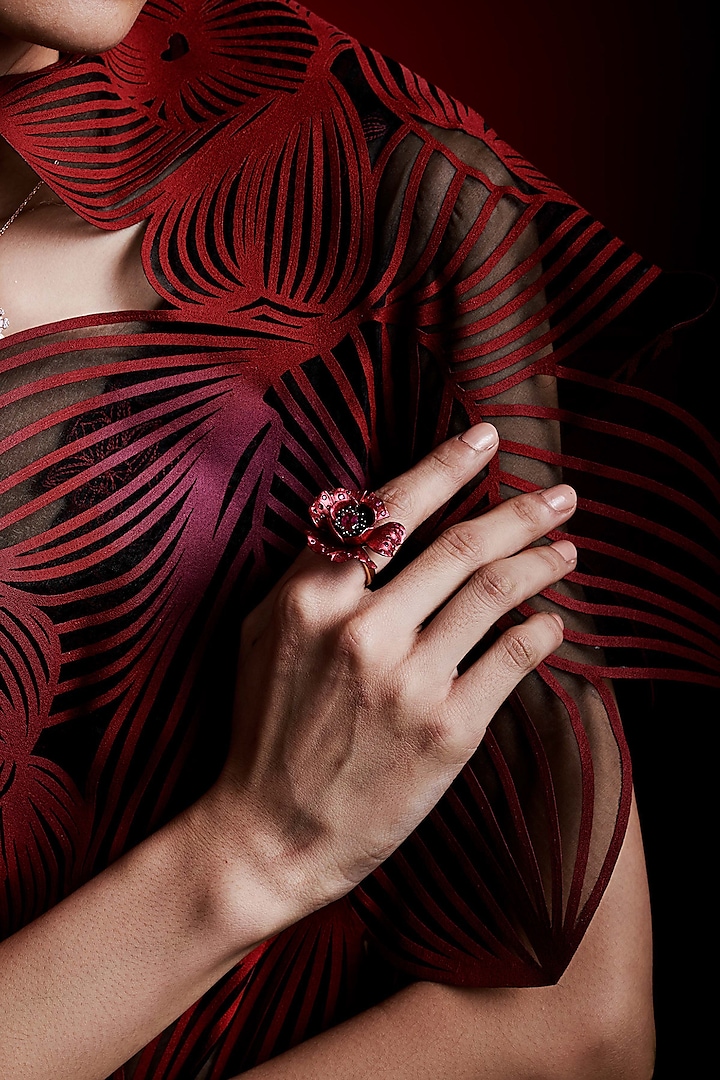 Gold Finish Cubic Zirconia & Red Stone Floral Ring In Sterling Silver by MISS JO at Pernia's Pop Up Shop