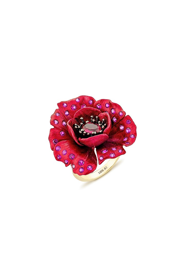 Gold Finish Cubic Zirconia & Red Stone Floral Ring In Sterling Silver by MISS JO at Pernia's Pop Up Shop