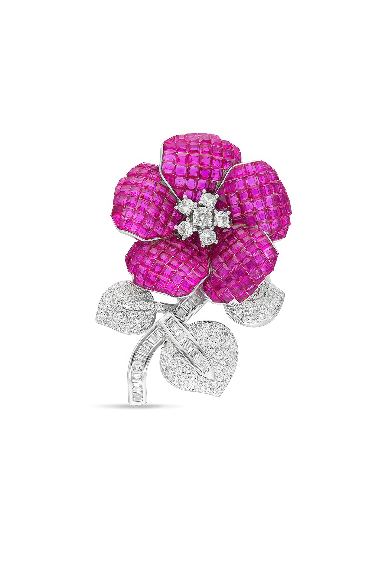 White Rhodium Finish Ruby Spinel Stone Floral Brooch In Sterling Silver by MISS JO at Pernia's Pop Up Shop