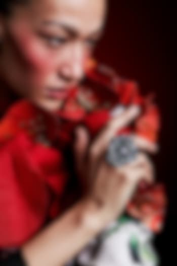 Gold Finish Cubic Zirconia & Black Stone Floral Ring In Sterling Silver by MISS JO at Pernia's Pop Up Shop