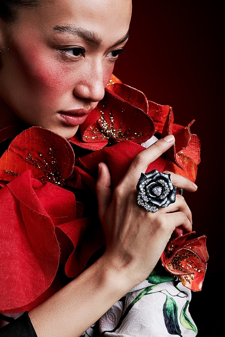 Gold Finish Cubic Zirconia & Black Stone Floral Ring In Sterling Silver by MISS JO at Pernia's Pop Up Shop