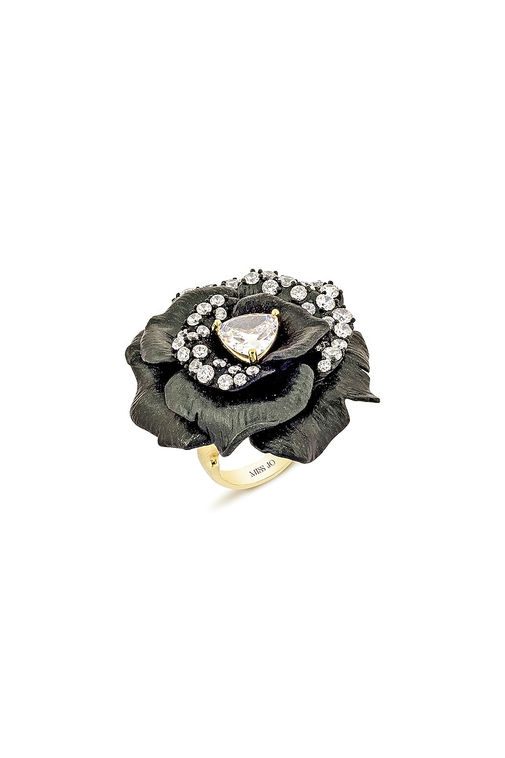 Gold Finish Cubic Zirconia & Black Stone Floral Ring In Sterling Silver by MISS JO at Pernia's Pop Up Shop