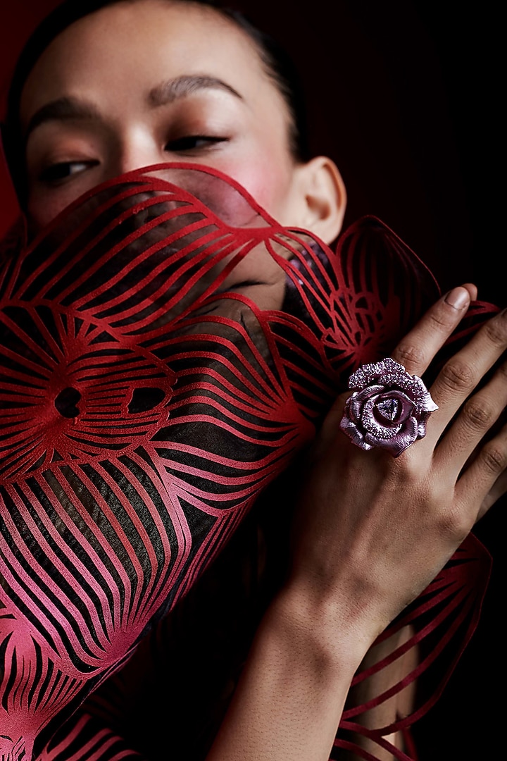 Rose Gold Finish Cubic Zirconia & Pink Stone Floral Ring In Sterling Silver by MISS JO at Pernia's Pop Up Shop