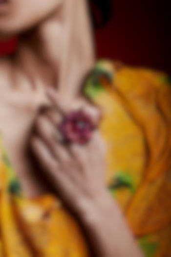 Gold Finish Red Cubic Zirconia Stone Floral Ring In Sterling Silver by MISS JO at Pernia's Pop Up Shop