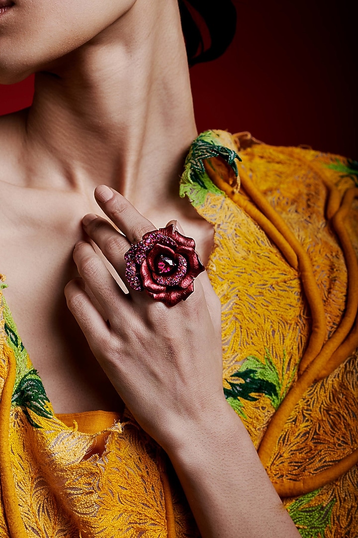 Gold Finish Red Cubic Zirconia Stone Floral Ring In Sterling Silver by MISS JO at Pernia's Pop Up Shop