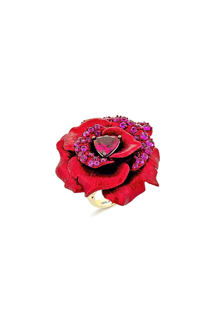 Gold Finish Red Cubic Zirconia Stone Floral Ring In Sterling Silver by MISS JO at Pernia's Pop Up Shop