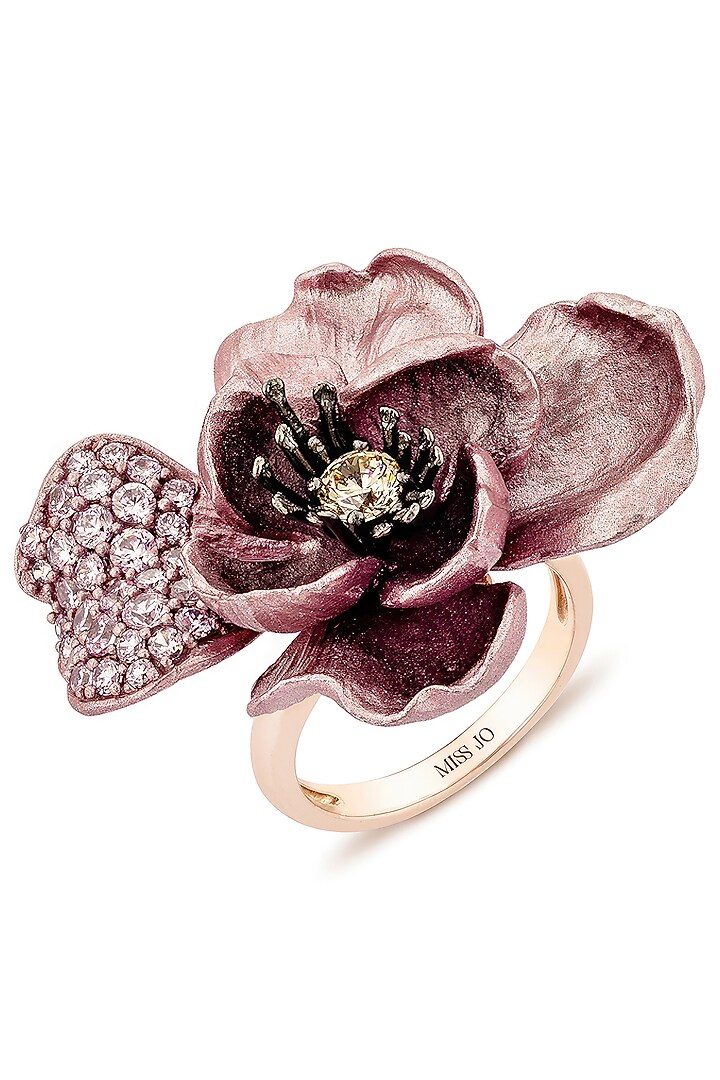 Rose Gold Finish Cubic Zirconia & Pink Stone Floral Ring In Sterling Silver by MISS JO at Pernia's Pop Up Shop